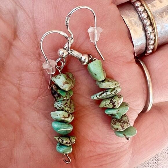 Vintage Turquoise Nugget Dangle Earrings 925 - Picture 5 of 8